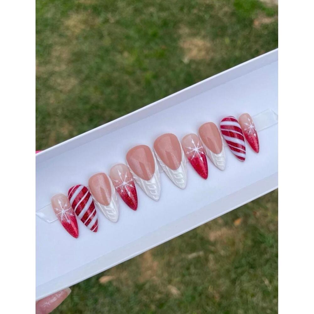 Medium stiletto winter Press on nails red glitter white snowflake holiday french